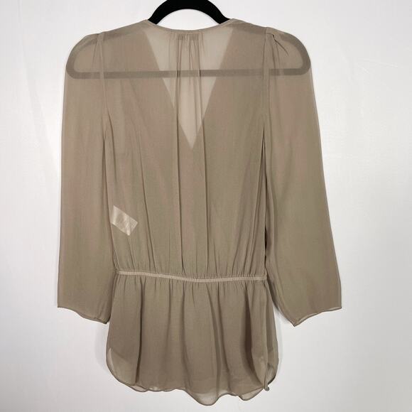 Aritzia Babaton XSmall Taupe Brown Silk Sheer Alexander Surplice Peplum Blouse - Picture 2 of 9